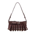Burgundy punk pleated shoulder bag with belt buckles and silver rivet detailing - Burgundy