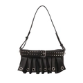 Minimalist black faux leather punk style shoulder bag with rivets and ruffled trim - Black