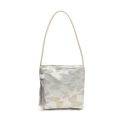 Beige shoulder bag with butterfly embroidery and tassel charm in oriental style - Blue (Includes Pendant)