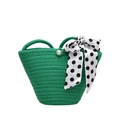 Fashionable bright green woven straw handbag with white pearl clasp and polka dot scarf - Green