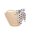 Woven straw bucket bag with pearl button closure and black polka dot silk scarf - Off White