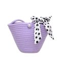 Purple woven beach handbag with pearl buckle closure and black polka dot silk scarf - Purple