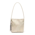 Beige satin shoulder bucket bag with Chinese floral embroidery and grey tassel detail - White (Includes Pendant)