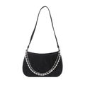 Elegant black velvet shoulder bag with pearl and silver metal chains for women - Black