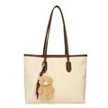 Large beige tote bag in lychee leather with brown straps and cute bear pendant charm - White