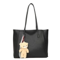 Classic black leather tote bag with pebble texture and cute plush bear charm detail - Black