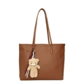 Brown lychee leather tote bag for women with plush bear charm and slender shoulder straps - Yellow