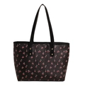 Chic black tote bag with red cherry floral print and gold stud details for daily commute - Black