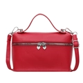 Red pebbled leather vanity bag with heart zipper pulls and top handle on white background - Red