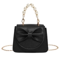 Elegant black bow crossbody bag with pearl handle and litchi texture finish - Black