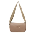 Chic beige crossbody bag with gold bow buckle and adjustable wide fabric strap - Khaki