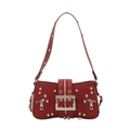 Red punk motorcycle shoulder bag with silver studs and large metal buckle detail - Red