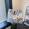 Light blue bow print tote bag with plush bear charm and pleated fabric texture - With Pendant / Blue
