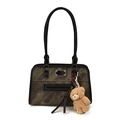 Retro olive green canvas shoulder bag with leather straps and plush bear pendant - With Pendant / Black