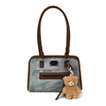 Fashionable marble pattern tote bag with brown trim and bear charm on white background - With Pendant / Blue