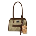 Olive green canvas handbag with brown leather trim and cute plush bear charm accessory - With Pendant / Khaki