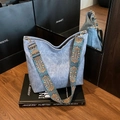 Blue denim tote bag with decorative ethnic style jacquard wide shoulder strap detail - Blue
