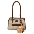 Retro beige tote bag with brown leather trim and cute bear charm on white background - With Pendant / White