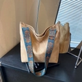 Khaki large tote bag with colorful bohemian patterned wide shoulder strap - Khaki