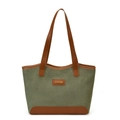 Borsa tote chic in camoscio verde e pelle marrone con dettaglio logo dorato - Verde