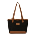 Fashionable black and brown contrast canvas tote bag with FASHION leather patch - Black