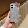 Close-up of sparkling silver rhinestones and pink 3D butterfly on iPhone case - Acrylic Dazzling Rhinestone Butterfly Case / iPhone 17 Pro Max