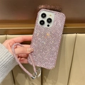 Detailed view of pink full rhinestone phone case with matching crystal lanyard for iPhone - Acrylic Full Rhinestone Case + Card Diamond Lanyard / Pink / iPhone 17 Pro Max