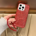 Detail of red rhinestone phone case with matching crystal lanyard for iPhone - Acrylic Full Rhinestone Single Shell + Card Rhinestone Cord - Red / iPhone 17 Pro Max