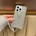 Detailed view of silver rhinestone luxury iPhone case with matching beaded lanyard strap - Acrylic Full-diamond Single Shell + Card-shaped Rhinestone Cord - Dazzling / iPhone 17 Pro Max