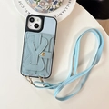 Detail of light blue lychee leather phone case with card holder and adjustable crossbody strap - Light Blue / iPhone 17 Promax