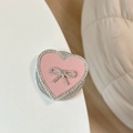 Detailed view of pink leather heart phone socket with rhinestone bow and sparkling crystals - Magnetic Rhinestone Heart Bow-Leather Texture / Pink
