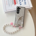 Macro shot of silver pleated leather phone case with butterfly stand and pearl strap - Butterfly Mirror Style (With Chain) / Samsung ZFold3