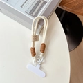 Detail van de crème geweven polsband met Hand Made lederen label en connector - Smiley Gezicht Kort Touw + Witte Patch / Abrikoos