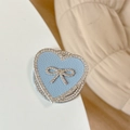 Macro view of blue heart leather phone grip with crystal bow and sparkling rhinestones - Magnetic Rhinestone Heart Bow-Leather Texture / Light Blue