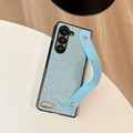 Detail of light blue wrinkled texture leather case with wrist strap for Samsung Z Flip - For Samsung Z Flip 3 / Blue