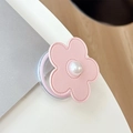 Close-up of pink faux leather flower phone grip with stitching and pearl center - Magnetic Small Pearl Leather Flower / Light Pink