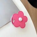 Detail of pink leather flower phone grip featuring a centered white pearl and stitching - Magnetic Small Pearl Leather Flower / Rose Red