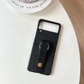 Close-up of black litchi leather case for Galaxy Z Flip with metal ring and strap detail - Black / Samsung ZFlip3