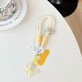 Detailed view of cream braided wrist strap with floral butterfly charm and leather clip - Smiley Short Rope + Yellow Patch + Gradient Butterfly / Yellow