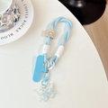 Detail of light blue braided phone wrist strap with smiley leather buckle and butterfly charm - Smiley Short Rope + Blue Patch + Gradient Butterfly / Blue