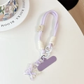 Close-up of purple braided phone wrist strap with butterfly charm and metal clip - Smiley Short Rope + Purple Patch + Gradient Butterfly / Purple