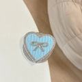 Light blue heart phone grip with leather texture and rhinestone bow decoration - Magnetic Rhinestone Heart Bow-Leaf Texture / Blue