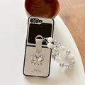 Silver leather folding phone case with rhinestone butterfly and pearl handle strap - Pearly Texture Butterfly Silver Label Pearl Chain-Silver / Samsung Z Flip 3