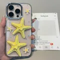 Detail of iPhone case with 3D yellow starfish ornaments and sparkling silver glitter - Yellow (Electroplated Frame - Starry Sky Glue Drip - Large Starfish) / iPhone 17Air
