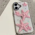 Close-up of glitter sequins and pink 3D resin starfish on a clear iPhone case - Pink (Electroplated Frame - Starry Sky Glue Drip - Large Starfish) / iPhone 17Air