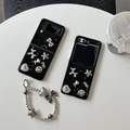 Glittery black Samsung Z Flip case with silver charms and beads for a Y2K style look - Black Star Glitter Rose Smiley Dog With Star Chain / Samsung Z Fold 3
