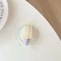 Dettaglio del supporto per telefono in tessuto a quadretti gialli e base viola - Impugnatura Magnetica Fungo a Quadretti / Giallo