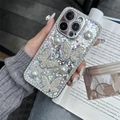 Macro shot of silver iPhone case with glitter, 3D diamond butterflies and pearls - iPhone 17pro / Electroplated Pearl Butterfly Sequin (iPhone 17Pro)