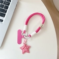 Close-up of a pink braided phone lanyard with star charm and secure connector pad - Rose Red