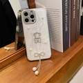 Sparkly white glitter bear iPhone case featuring elegant pearl tassel and 3D bow accent - White Glitter Epoxy Bear With Bowknot Pendant / iPhone 7/8/SE 2020